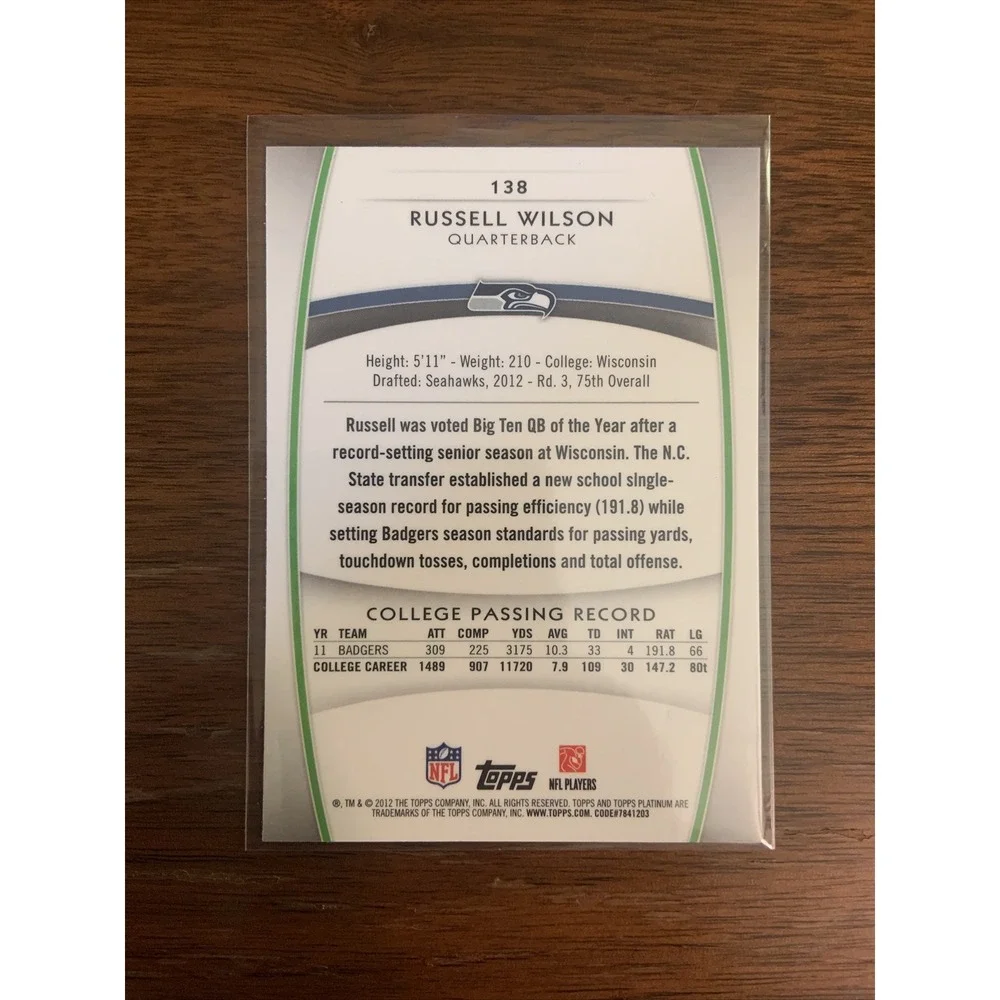 Russell Wilson 2012 Topps Platinum X-Fractor Rookie Card RC 138 Seahawks